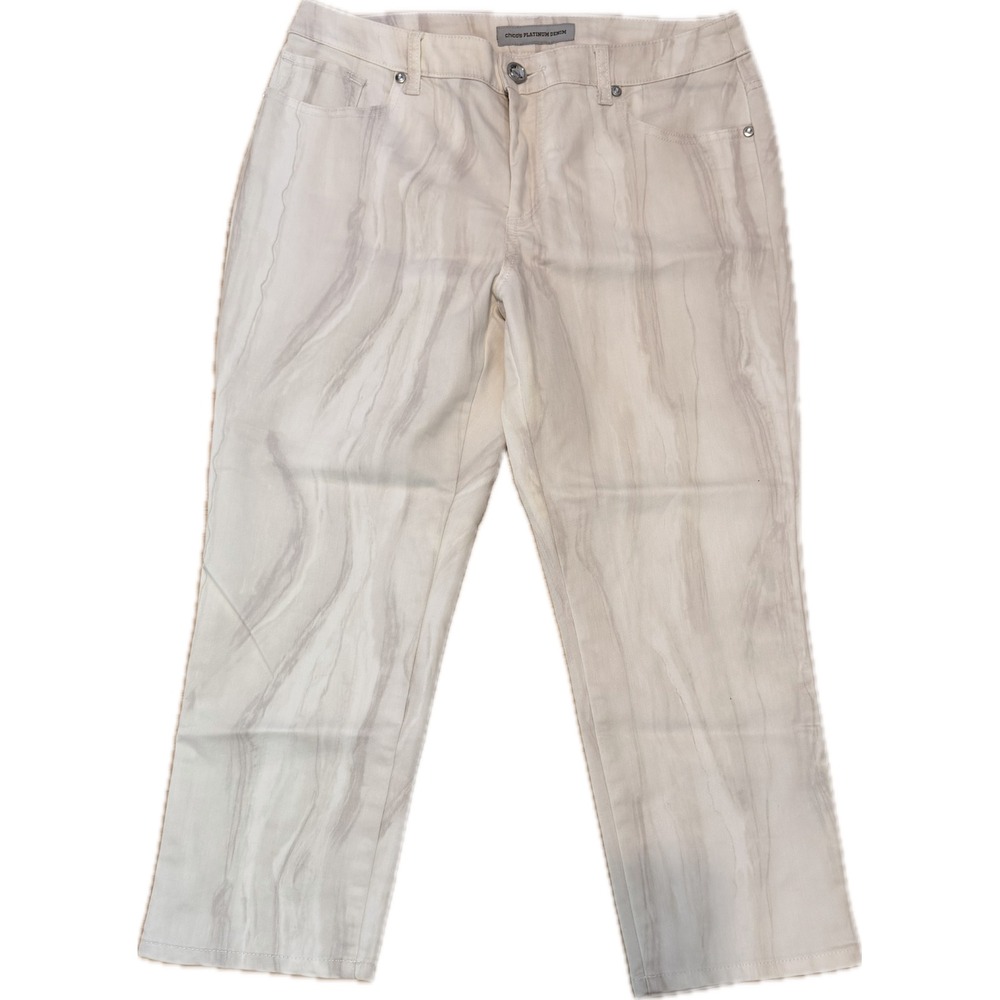 Chicos Platinum Denim Marble Print Straight Leg Jeans Cream Tan Size 1 Womens